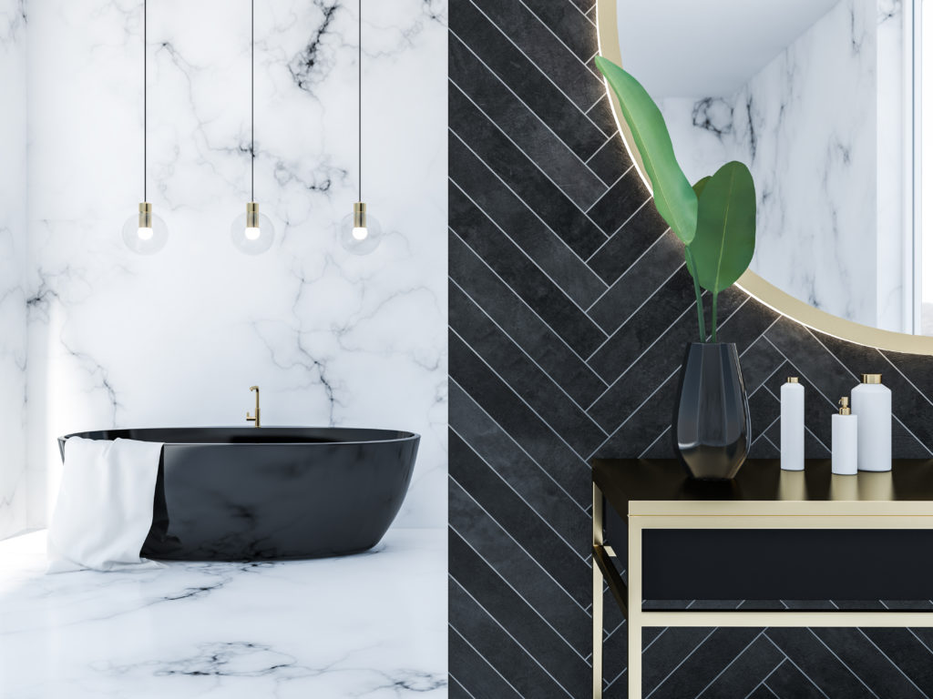 Close,Up,Of,White,Marble,And,Black,Wood,Bathroom,Interior