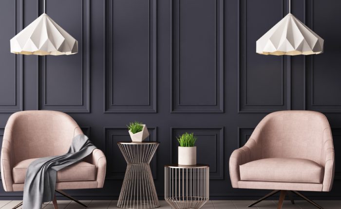 Pastel interior in classic style with soft armchairs and lamps. 3d rendering