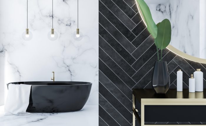 Close up of white marble and black wood bathroom interior with a black bathtub, a round mirror above a black vanity unit and panoramic window. 3d rendering